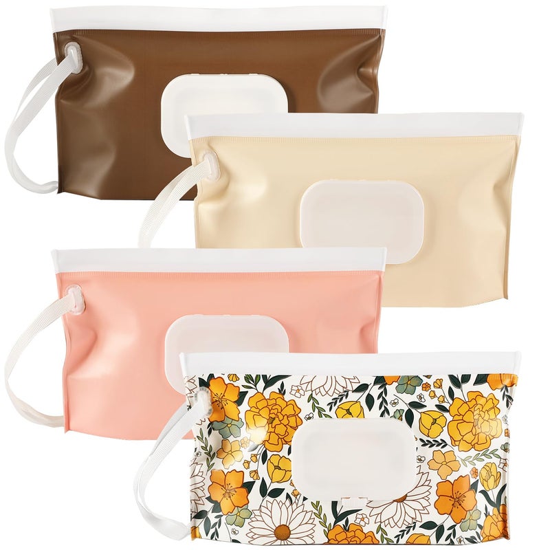 FEBSNOW 4 Pack Baby Wipes Dispenser, Portable Refillable Wipe Holder Baby Wipes Container Travel Wipes Case Reusable Wet Wipes Pouch (Floral, Cream, Brown, Pink) - Image 1