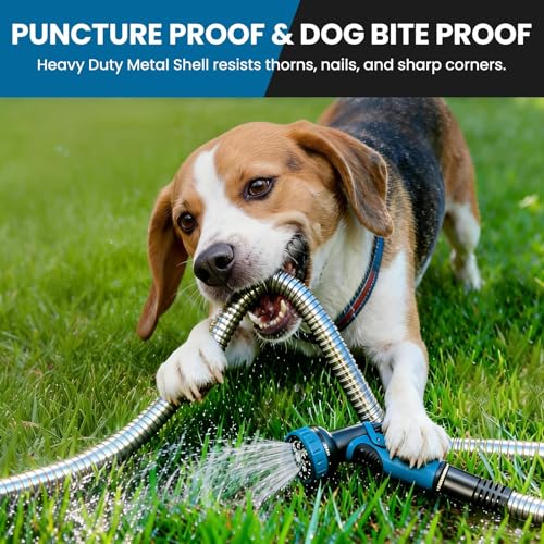 Tocebe Metal Garden Hose 100FT, Stainless Steel Water Hose with 10 Function Nozzle, Solid Brass Fittings, Lightweight, Kink-Free & Dog Chew Proof for Lawn, Yard, RV, Car Wash, 550PSI - Image 2