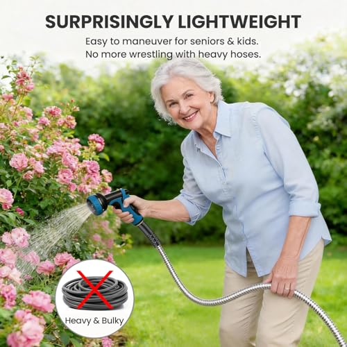Tocebe Metal Garden Hose 100FT, Stainless Steel Water Hose with 10 Function Nozzle, Solid Brass Fittings, Lightweight, Kink-Free & Dog Chew Proof for Lawn, Yard, RV, Car Wash, 550PSI - Image 3
