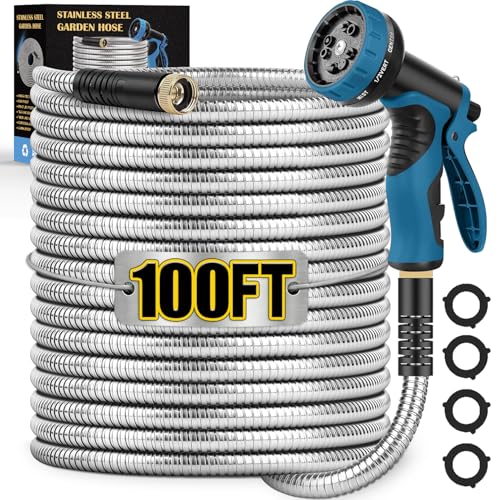 Tocebe Metal Garden Hose 100FT, Stainless Steel Water Hose with 10 Function Nozzle, Solid Brass Fittings, Lightweight, Kink-Free & Dog Chew Proof for Lawn, Yard, RV, Car Wash, 550PSI - Image 1
