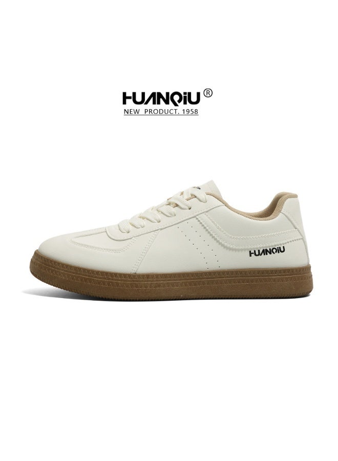 HUANQIU Retro Beige Sneakers, 1958 Series Minimalist Lace-up Casual Shoes, Versatile Low-top German-style Trainers