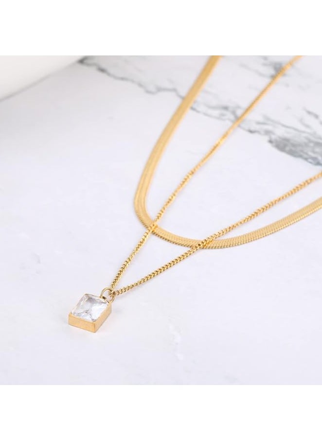 Julia Store 18K Gold Plated Stainless Steel Cubic Zirconia Trendy Snake Horringbone Gift For Women Layer Necklace  - Image 1