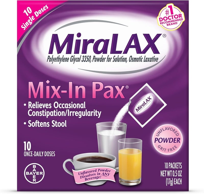 MiraLAX باك ميرا لاكس مكس إن - 10 عبوات مسحوق جرعة فردية لتخفيف الإمساك - Image 1