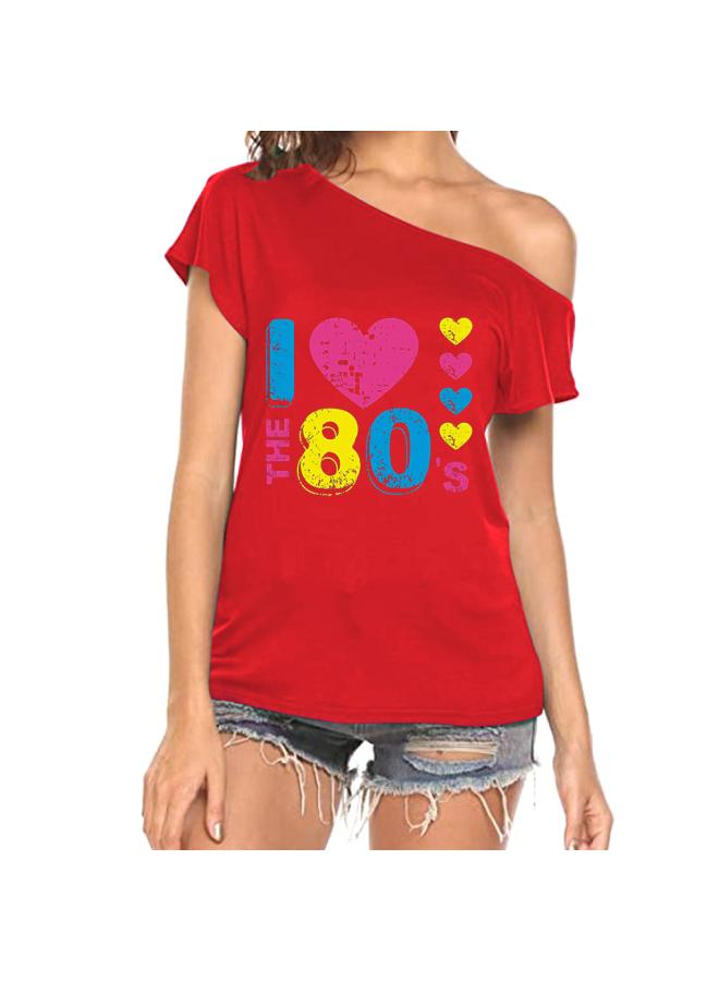 Summer I Love The 80's Oblique Collar Shoulder Sexy Irregular Short-sleeved T-shirt Women
