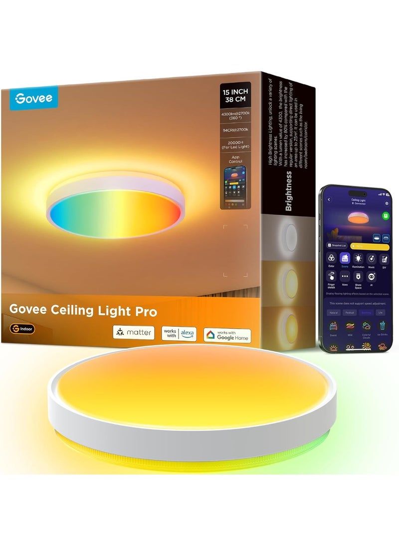 Govee Smart Ceiling Light 4300LM 15 Inch, RGBIC LED Ceiling Light Fixture Works with Matter, Flush Mount Light Fixture, DIY Colors, 2700K-6500K Dimmable for Bedroom, Living Room, 1 Pack - Image 1