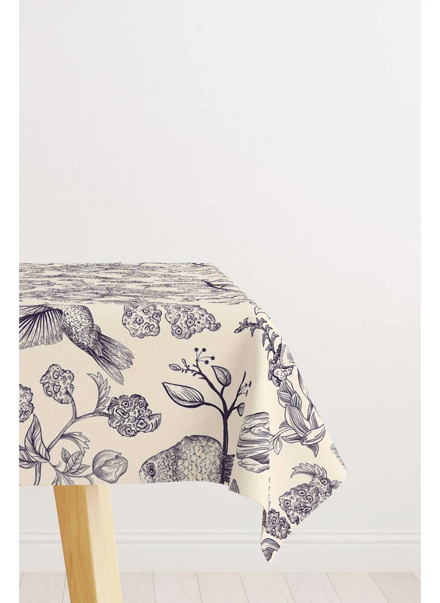 Cango Home Beige Navy Blue Flower and Bird Patterned Digital Printed Tablecloth OTYK800-MS