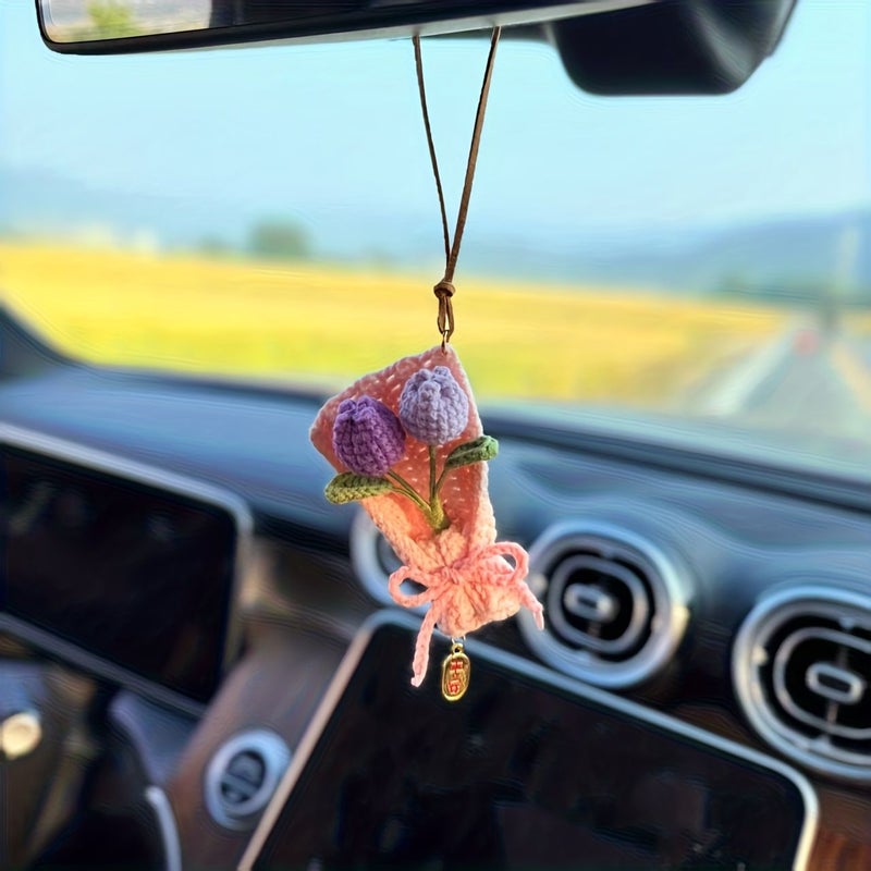 Handmade Crochet Rose Bouquet Car Decoration Retro Style Women Bag Additions Gift For Girlfriend Meaning Blessing Fragrant Pink Golden - Image 5
