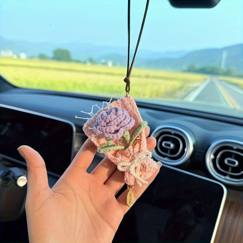 Handmade Crochet Rose Bouquet Car Decoration Retro Style Women Bag Additions Gift For Girlfriend Meaning Blessing Fragrant Pink Golden - Image 3