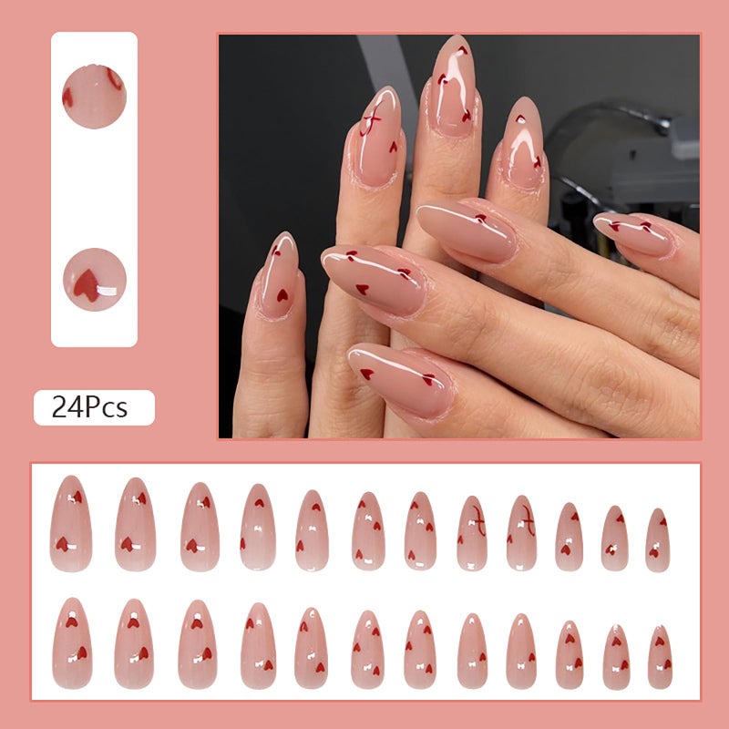 ASABITE 24Pcs Cute Heart Press on Nails Short Medium Valentines Fake Nails with Glue Nude Pink False Nails Almond Nails Press ons Reusable Stick on Nail Valentines Heart Glue on Nail for Women Girls - Image 2