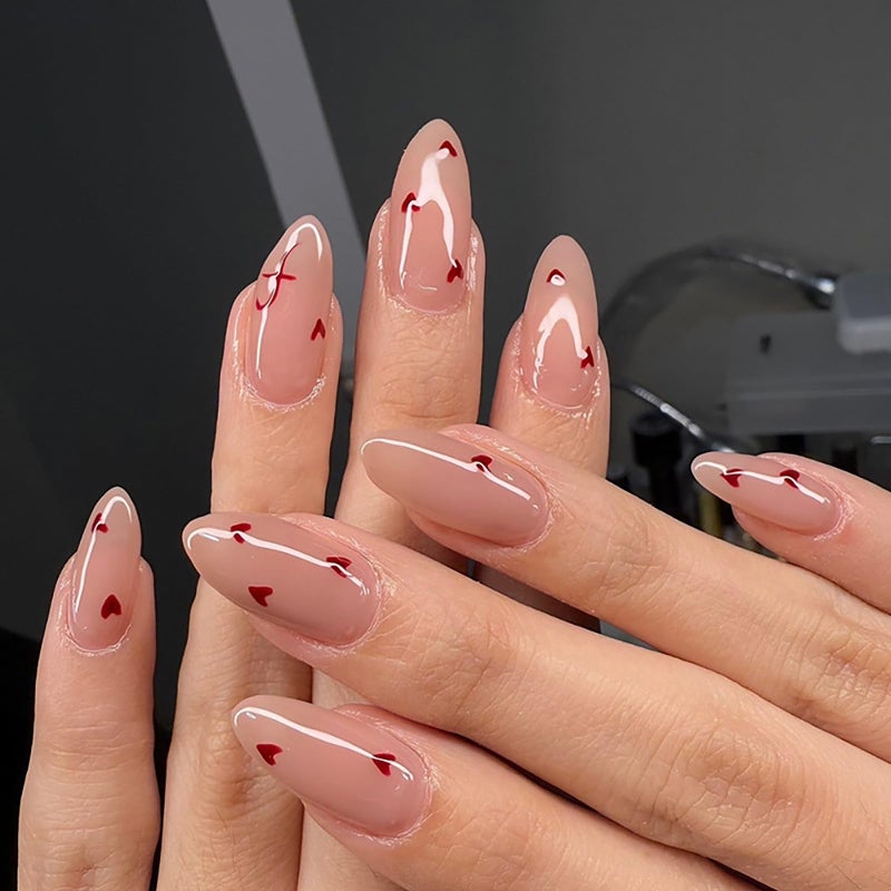 ASABITE 24Pcs Cute Heart Press on Nails Short Medium Valentines Fake Nails with Glue Nude Pink False Nails Almond Nails Press ons Reusable Stick on Nail Valentines Heart Glue on Nail for Women Girls - Image 1