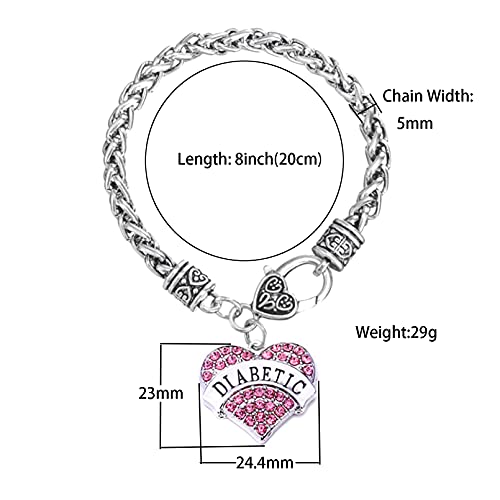 TGLS Pink Heart Diabetes Medical Alert Charm Bracelet for Type 1 and Type 2 Diabetic Jewelry - Image 2