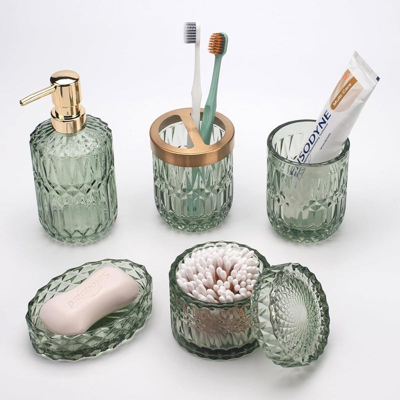 IVAILEX 5PCS Green Glass Bathroom Accessories Sets of Lotion Dispenser, Soap Dish, Toothbrush Holder, Tumbler, Cotton Swab Jars, Modern Bath Decor, Vintage Gift - Image 2