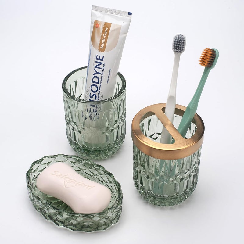 IVAILEX 5PCS Green Glass Bathroom Accessories Sets of Lotion Dispenser, Soap Dish, Toothbrush Holder, Tumbler, Cotton Swab Jars, Modern Bath Decor, Vintage Gift - Image 5