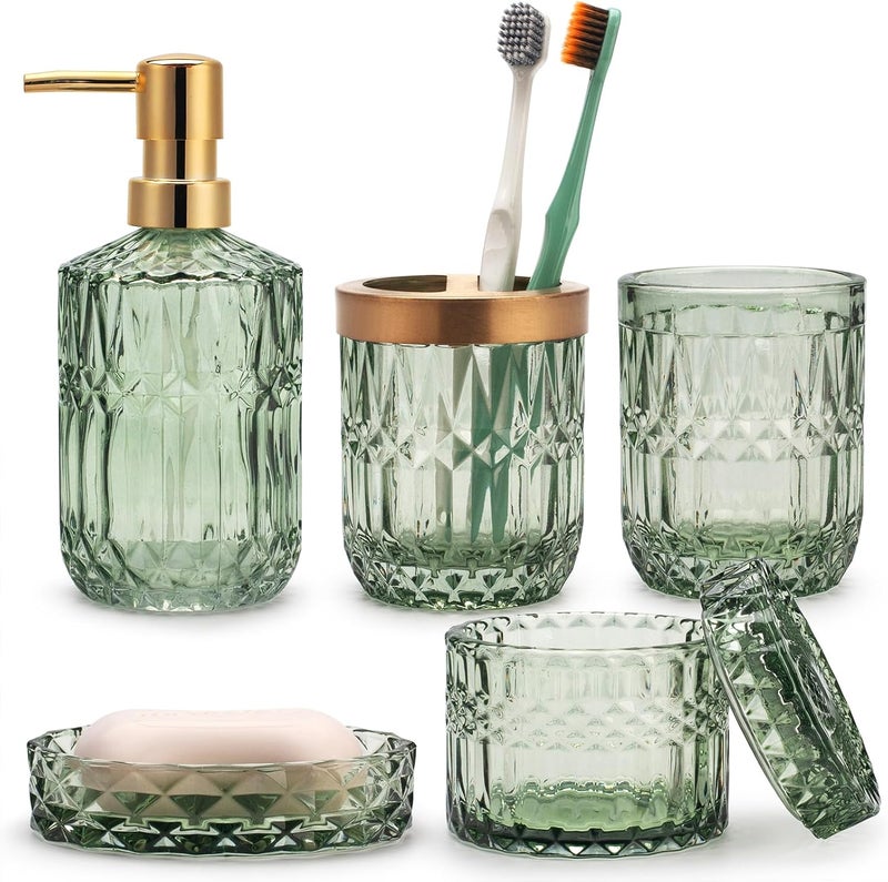 IVAILEX 5PCS Green Glass Bathroom Accessories Sets of Lotion Dispenser, Soap Dish, Toothbrush Holder, Tumbler, Cotton Swab Jars, Modern Bath Decor, Vintage Gift - Image 1