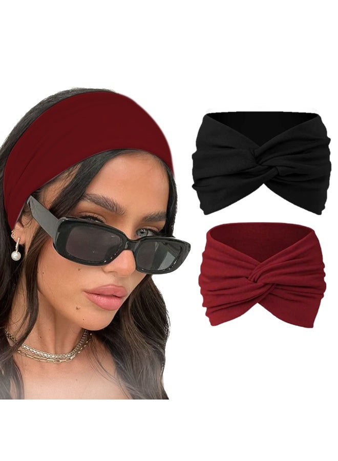 قطعتين من عصابات الرأس القطنية المحبوكة للنساء، بتصميم توربان بعقدة أنيقة، إكسسوارات شعر عصرية (نبيتي وأسود) - Image 1