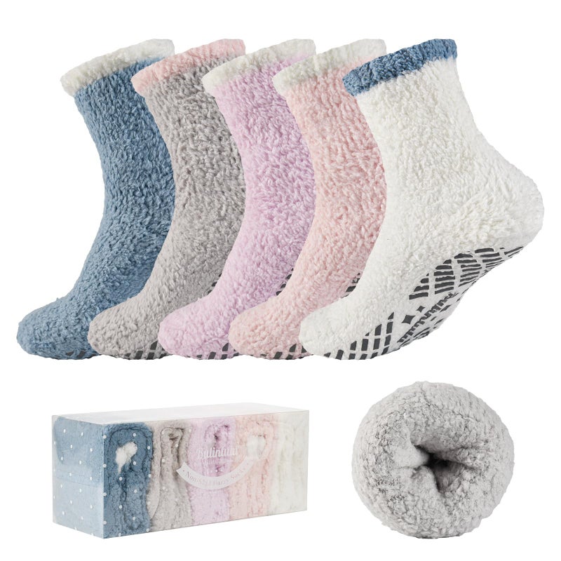 Bulinlulu Fuzzy Socks With Grips for Women 5-Pairs Non Slip Sleep Warm Fluffy Slipper Socks with Grippers for women(Blue+Grey+Purple+Pink+White) - Image 1