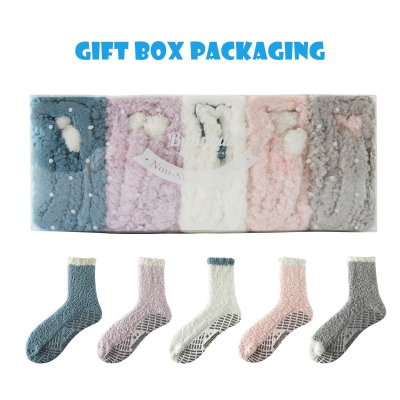 Bulinlulu Fuzzy Socks With Grips for Women 5-Pairs Non Slip Sleep Warm Fluffy Slipper Socks with Grippers for women(Blue+Grey+Purple+Pink+White) - Image 2