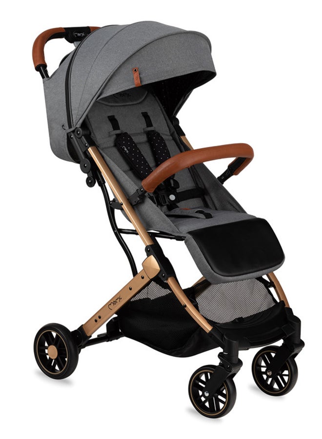 Momi Estelle Gold is a Premium Baby Stroller Featuring a Golden Frame, A Spacious Basket, Five-Point Safety Belts, Easy Maneuverability, And Shock Absorption for Age 6+ Months - Grey  - Image 1
