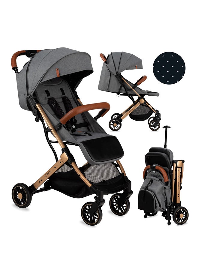 Momi Estelle Gold is a Premium Baby Stroller Featuring a Golden Frame, A Spacious Basket, Five-Point Safety Belts, Easy Maneuverability, And Shock Absorption for Age 6+ Months - Grey  - Image 2