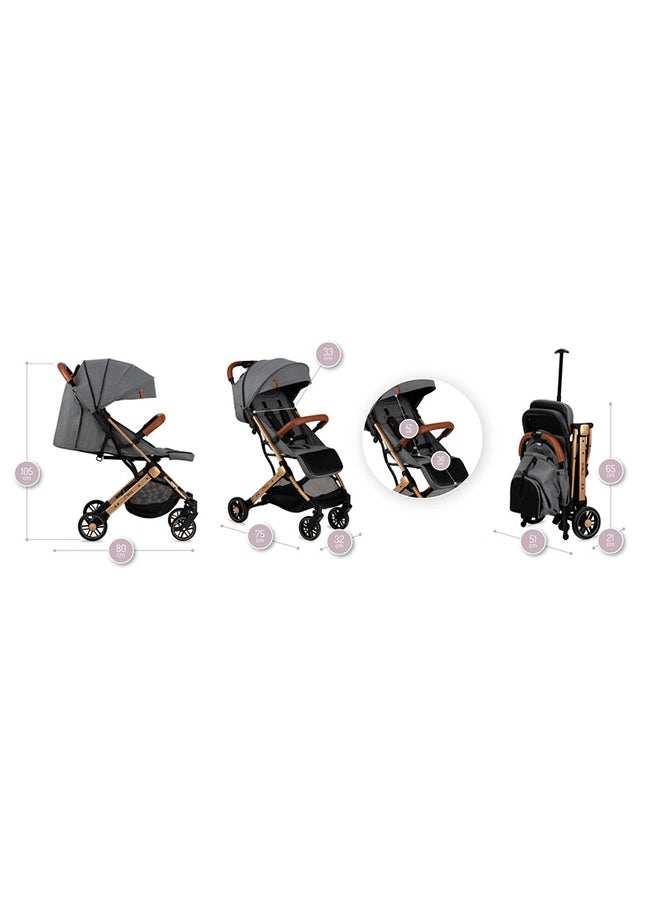Momi Estelle Gold is a Premium Baby Stroller Featuring a Golden Frame, A Spacious Basket, Five-Point Safety Belts, Easy Maneuverability, And Shock Absorption for Age 6+ Months - Grey  - Image 3
