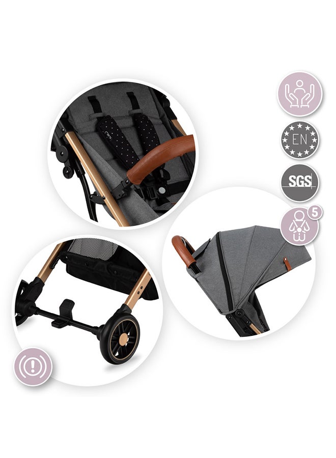 Momi Estelle Gold is a Premium Baby Stroller Featuring a Golden Frame, A Spacious Basket, Five-Point Safety Belts, Easy Maneuverability, And Shock Absorption for Age 6+ Months - Grey  - Image 4