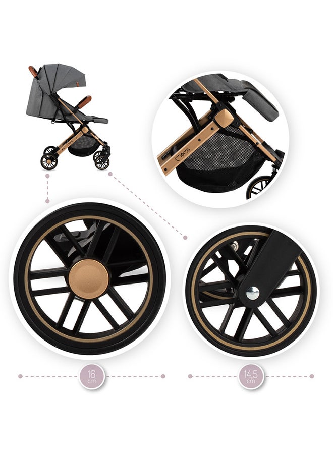 Momi Estelle Gold is a Premium Baby Stroller Featuring a Golden Frame, A Spacious Basket, Five-Point Safety Belts, Easy Maneuverability, And Shock Absorption for Age 6+ Months - Grey  - Image 5