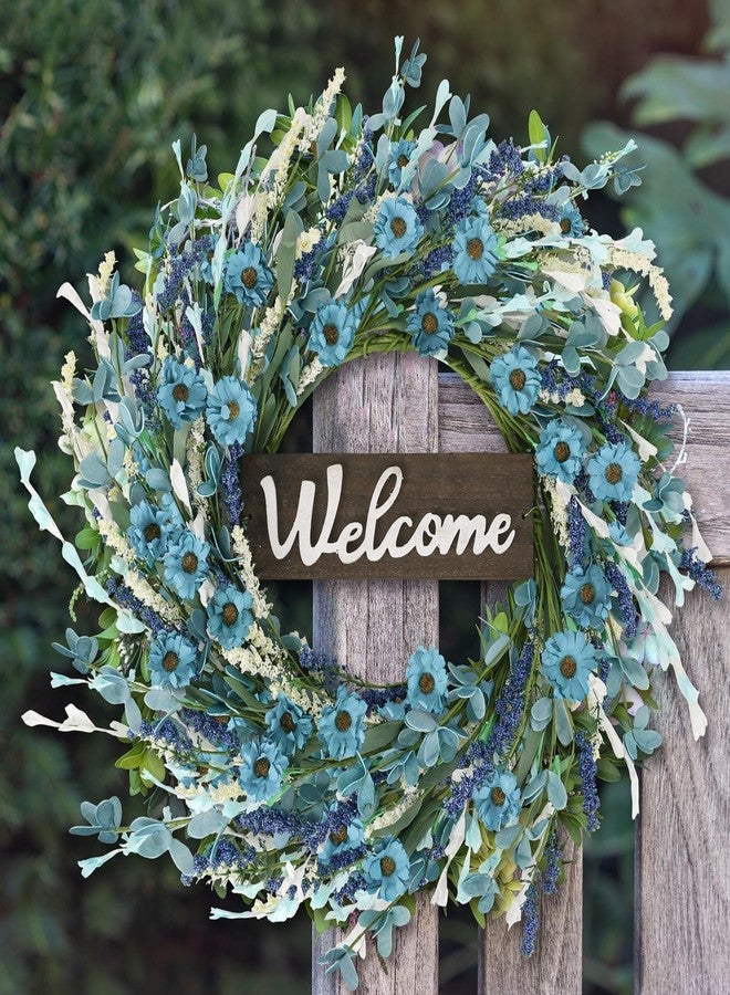 YLOLUL 24inch Artificial Blue Forsythia Flower Wreath for Front Door Spring Summer Daisy Lavender Wreaths All Year Around Farmhouse Wild Wreath with Welcome Sign for Outdoor Wall Window Garden Porch Decor - Image 5