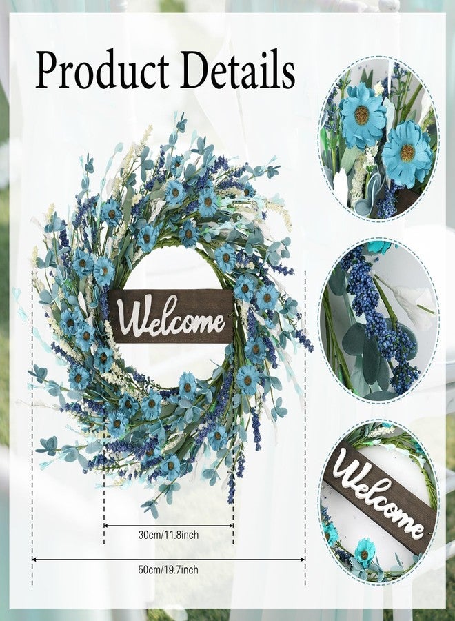 YLOLUL 24inch Artificial Blue Forsythia Flower Wreath for Front Door Spring Summer Daisy Lavender Wreaths All Year Around Farmhouse Wild Wreath with Welcome Sign for Outdoor Wall Window Garden Porch Decor - Image 3