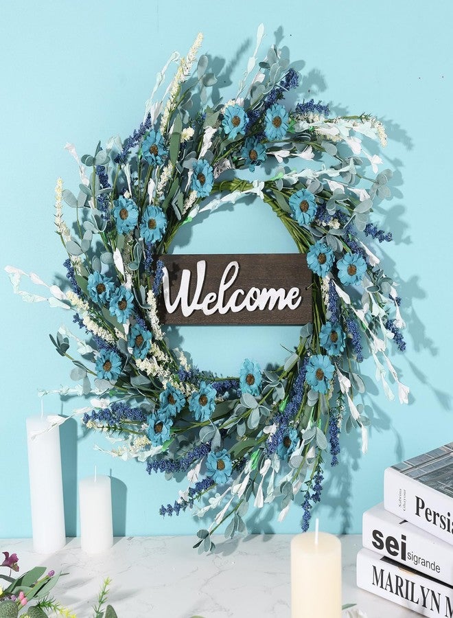 YLOLUL 24inch Artificial Blue Forsythia Flower Wreath for Front Door Spring Summer Daisy Lavender Wreaths All Year Around Farmhouse Wild Wreath with Welcome Sign for Outdoor Wall Window Garden Porch Decor - Image 4