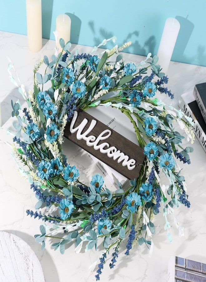 YLOLUL 24inch Artificial Blue Forsythia Flower Wreath for Front Door Spring Summer Daisy Lavender Wreaths All Year Around Farmhouse Wild Wreath with Welcome Sign for Outdoor Wall Window Garden Porch Decor - Image 2
