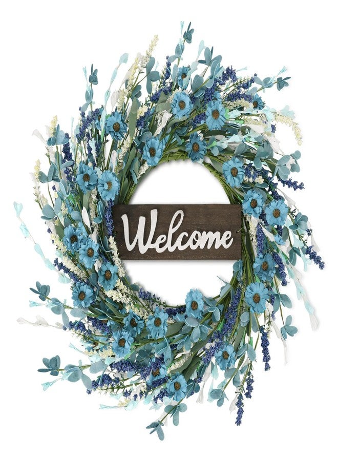 YLOLUL 24inch Artificial Blue Forsythia Flower Wreath for Front Door Spring Summer Daisy Lavender Wreaths All Year Around Farmhouse Wild Wreath with Welcome Sign for Outdoor Wall Window Garden Porch Decor - Image 1