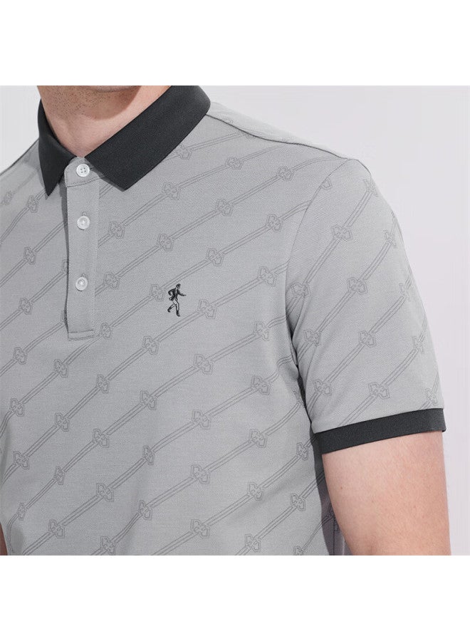 Dancing Wolves Silk And Modal Blend Summer Printed Men's Short Sleeve Polo Shirt 005 Light Grey 175 - Image 4
