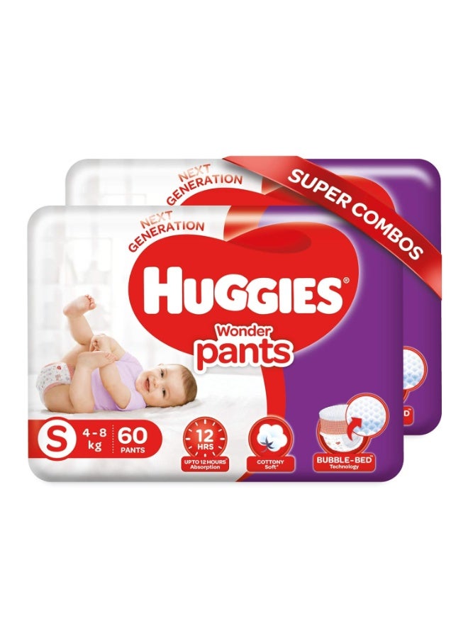 Huggies Wonder Pants Small (S) Size Baby Diaper Pants Combo Pack of 2, 60 count, with Bubble Bed Technology for comfort - Image 1