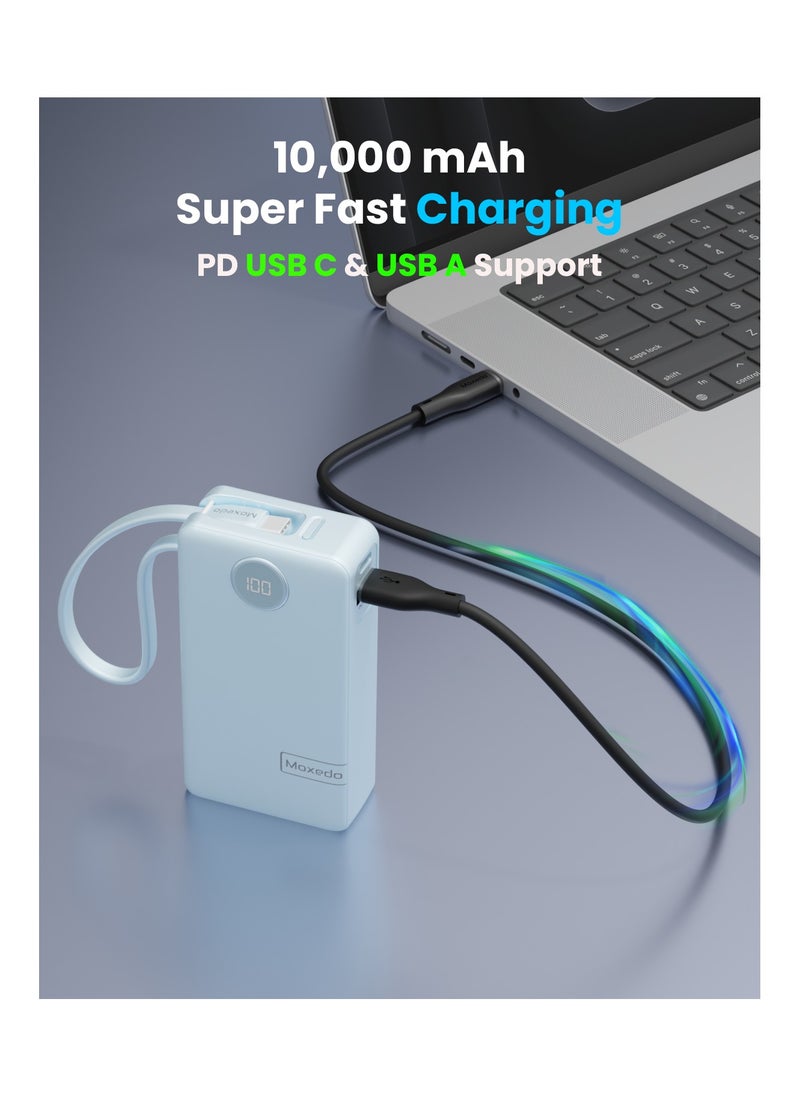 Moxedo - Moxedo Porta-Go+ Power Bank 10000 mAh 1 USB-C/ 1 USB-A Ports with Built-in USB-C Cable PD Fast Charging Compatible for iPhone 16/15 Series, Samsung, Huawei, Xiaomi, iPad - Blue - Image 1