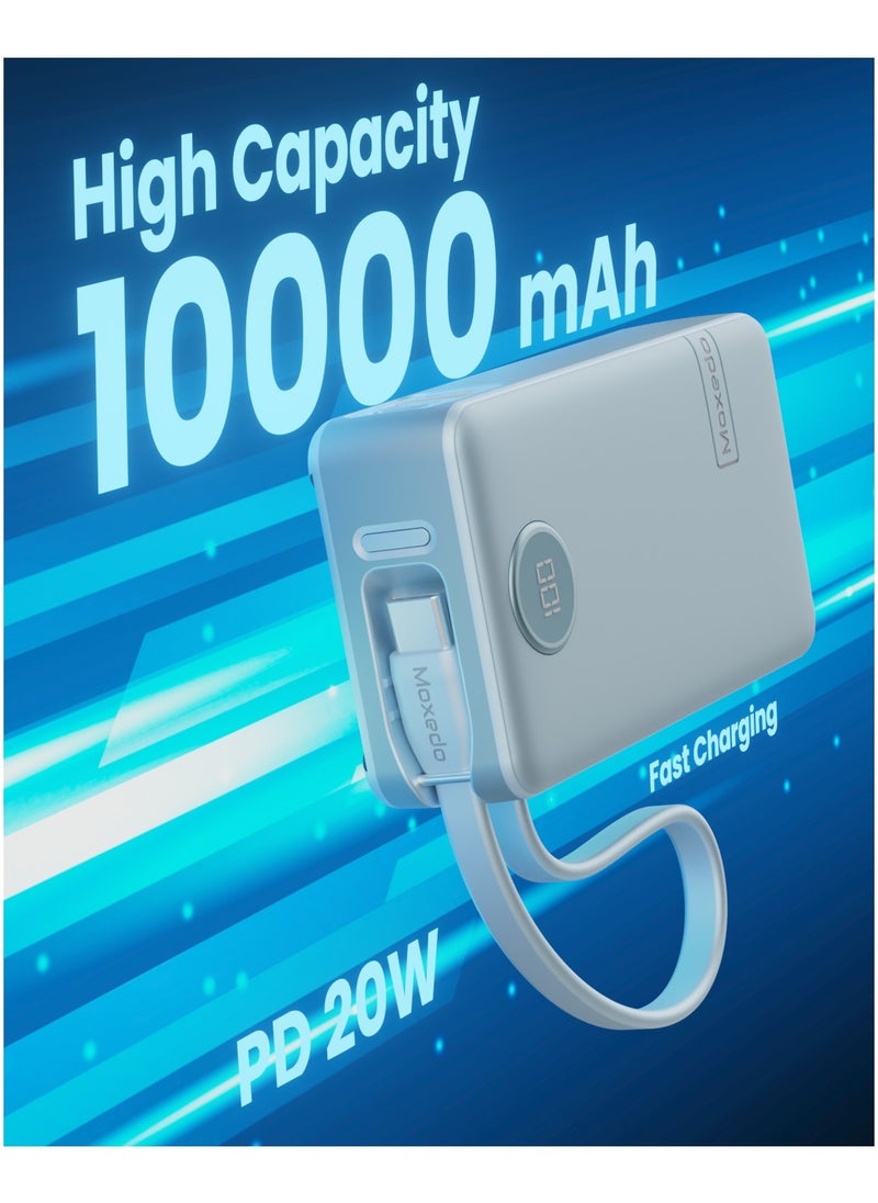 Moxedo - Moxedo Porta-Go+ Power Bank 10000 mAh 1 USB-C/ 1 USB-A Ports with Built-in USB-C Cable PD Fast Charging Compatible for iPhone 16/15 Series, Samsung, Huawei, Xiaomi, iPad - Blue - Image 1
