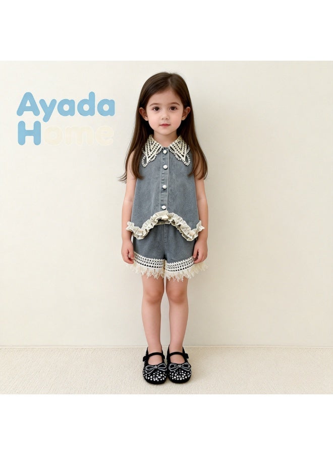 Ayada Home طقم جينز مكون من قطعتين للفتيات الصغيرات، بلوزة بدون أكمام مع ياقة دانتيل وشورتات مزينة بالخرز، طقم ملابس كاجوال لطيف للفتيات الصغيرات، ملابس صيفية ناعمة وقابلة للتنفس للأطفال - Image 1