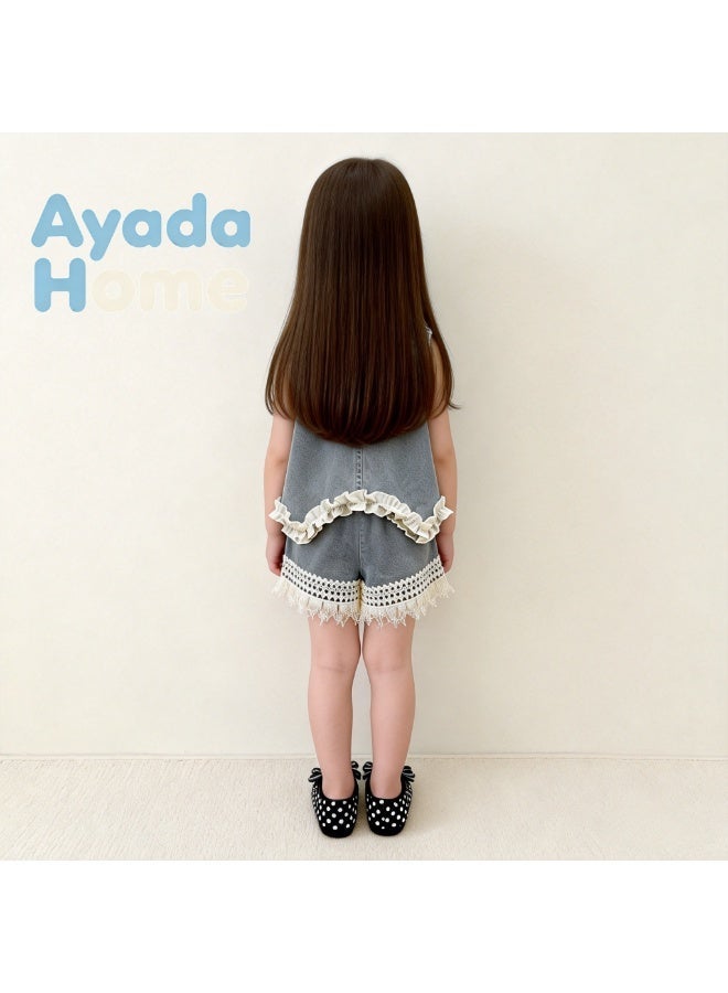 Ayada Home طقم جينز مكون من قطعتين للفتيات الصغيرات، بلوزة بدون أكمام مع ياقة دانتيل وشورتات مزينة بالخرز، طقم ملابس كاجوال لطيف للفتيات الصغيرات، ملابس صيفية ناعمة وقابلة للتنفس للأطفال - Image 2