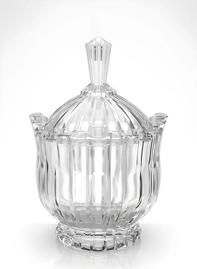 Glass Candy Dish with Lid - 900ML - Large Clear Covered Candy Bowl, Decorative Embossed | Cookie Storage Container Jar for Candy Buffet, Office Desk, Lead-free, Dishwasher Safe