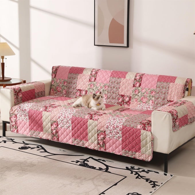 Skidproof Sofa CoverPatchwork Sofa Slipcover with Elastic StrapsEasy Fit Slip CoverWashable Furniture Protector for Pets and KidsSofaHot Pink