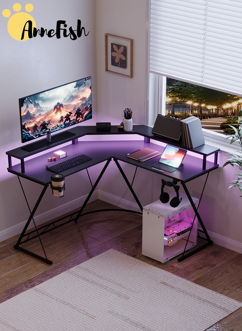 AnneFish 120cm L-Shaped Gaming Table with Led Lights Gaming Desk with Monitor Stand＆Cup Holder Headphone Hook Home Office Table Computer Desk L Desk Writing Workstation Corner Desk for Home Office Gaming Room - Image 1