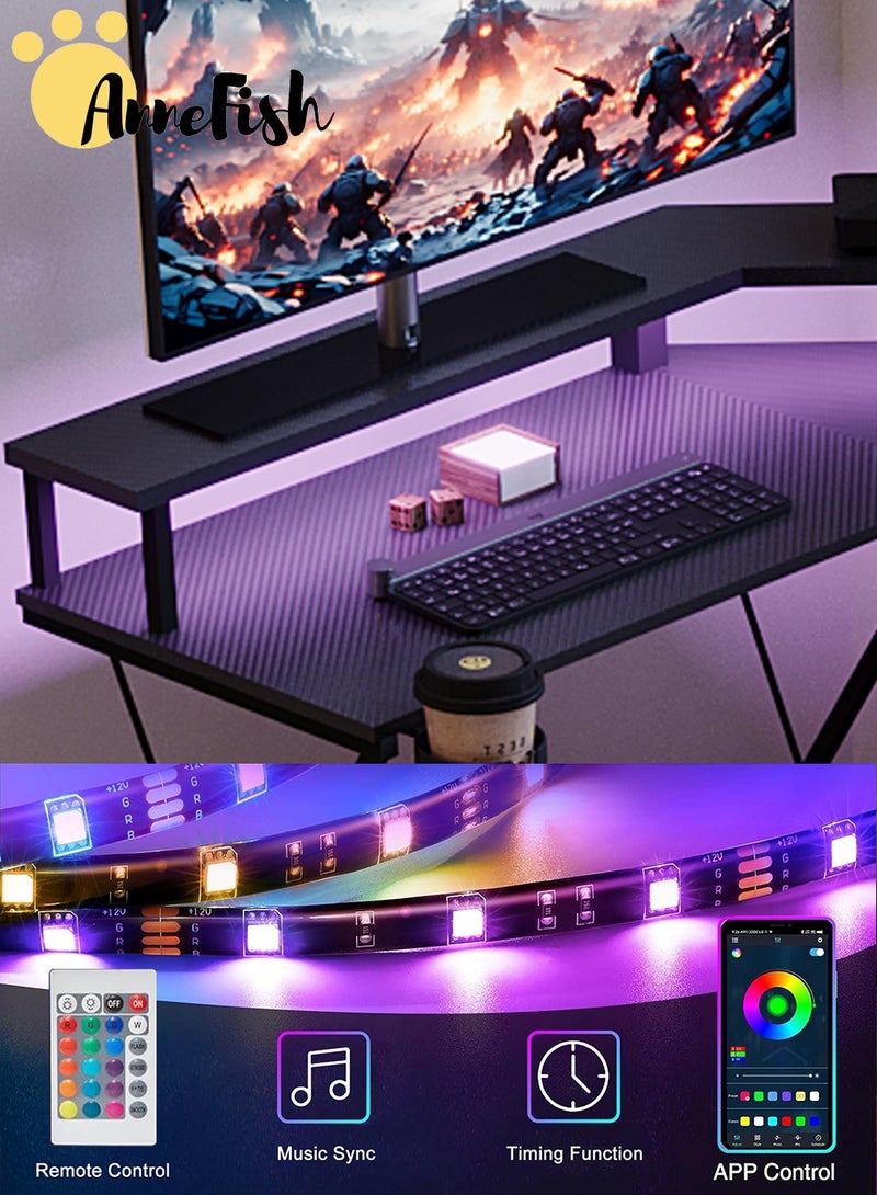 AnneFish 120cm L-Shaped Gaming Table with Led Lights Gaming Desk with Monitor Stand＆Cup Holder Headphone Hook Home Office Table Computer Desk L Desk Writing Workstation Corner Desk for Home Office Gaming Room - Image 3