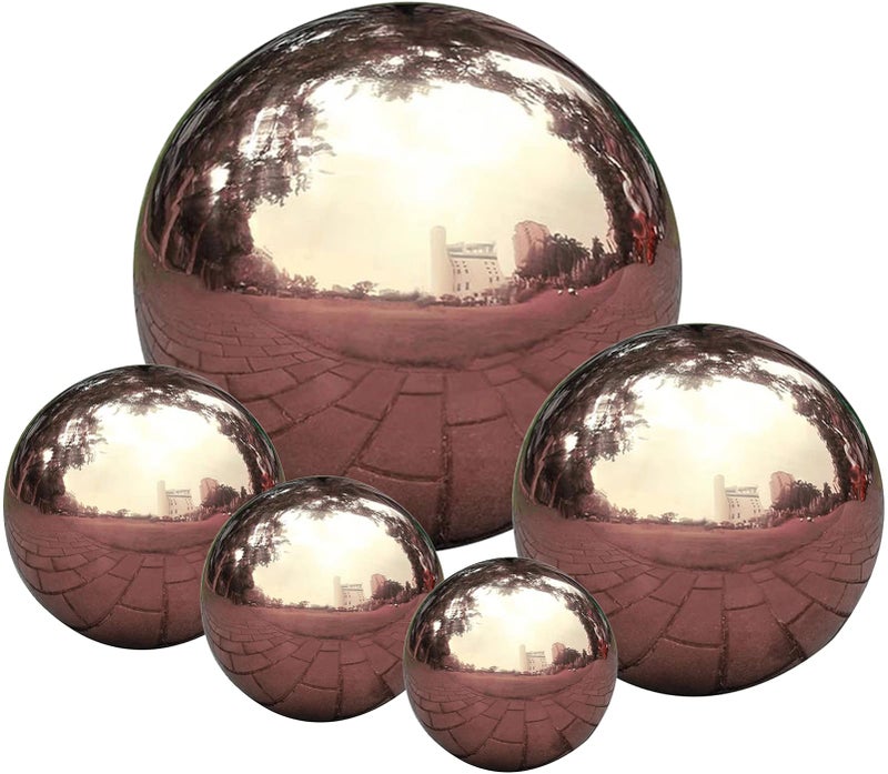 Nerien Gazing Ball Stainless Steel Garden Mirror Globe Polished Ornament Sphere Hollow Floating Reflective Hemisphere for Home Outdoor Pond Housewarming Swimming Pool Decoration Rose Gold 5Pcs