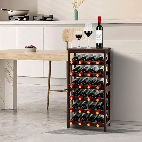 VASMIA Wine Rack Free Standing Floor, 6-Tier Display Wine Storage Shelves with Table Top, 24-Bottle Bamboo Wine Rack Shelf for Kitchen Bar Dining Room Living Room, Brown - Image 2