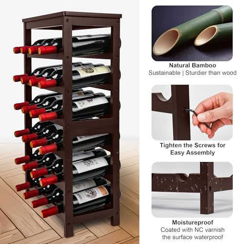 VASMIA Wine Rack Free Standing Floor, 6-Tier Display Wine Storage Shelves with Table Top, 24-Bottle Bamboo Wine Rack Shelf for Kitchen Bar Dining Room Living Room, Brown - Image 3