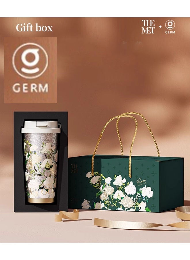 GERM Rose-patterned 500ml high-aesthetic pure titanium water cup, lightweight portable camping flask for outdoor and travel use. Dimensions with lid: 18.5 x 9.6cm, weight: 280g. Features 12-hour thermal retention. Suitable for drinking water, tea, coffee, smoothies, or juice. Ideal as a business office cup, travel companion, or gift item. (Colourful) - Image 1