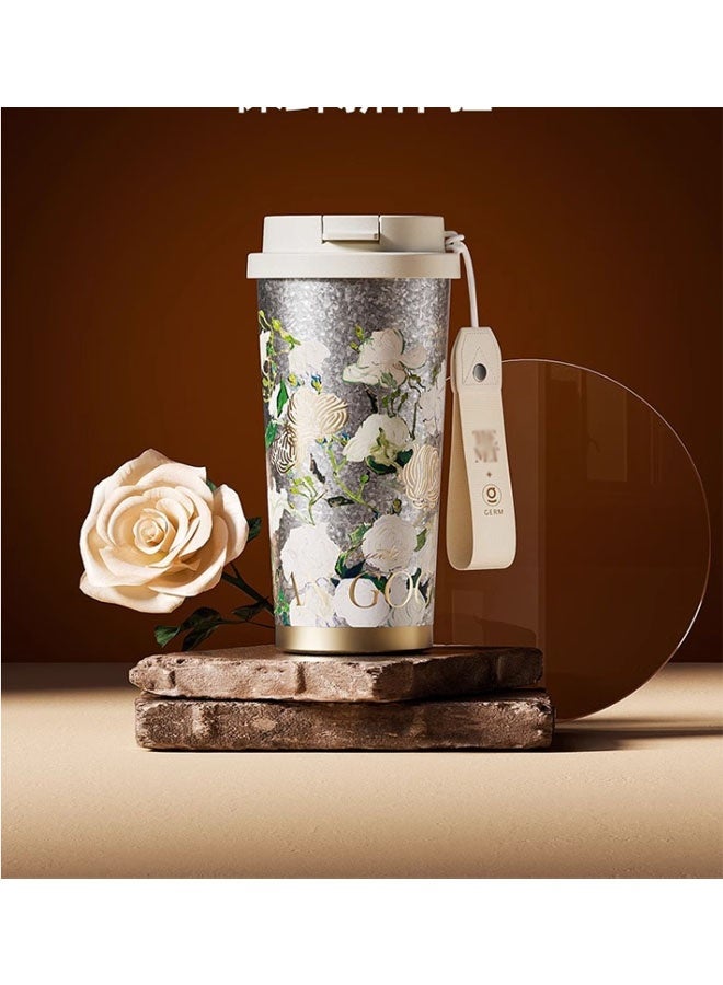 GERM Rose-patterned 500ml high-aesthetic pure titanium water cup, lightweight portable camping flask for outdoor and travel use. Dimensions with lid: 18.5 x 9.6cm, weight: 280g. Features 12-hour thermal retention. Suitable for drinking water, tea, coffee, smoothies, or juice. Ideal as a business office cup, travel companion, or gift item. (Colourful) - Image 2