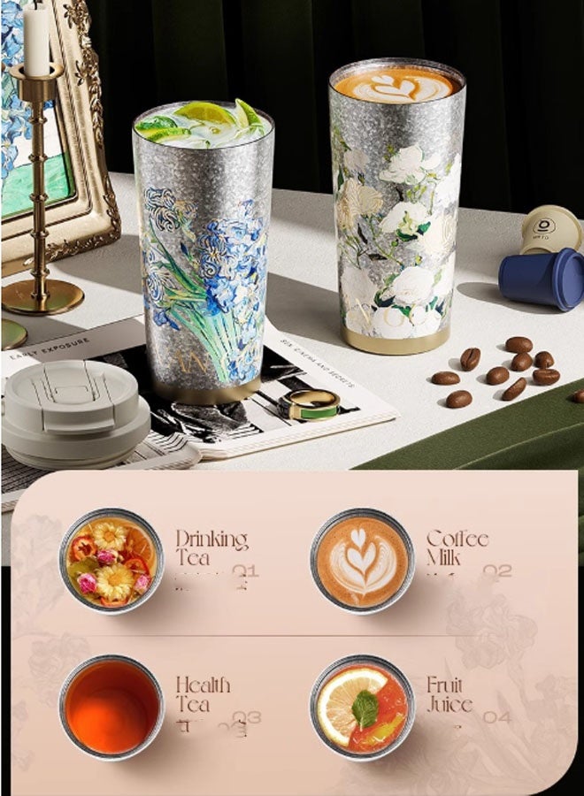 GERM Rose-patterned 500ml high-aesthetic pure titanium water cup, lightweight portable camping flask for outdoor and travel use. Dimensions with lid: 18.5 x 9.6cm, weight: 280g. Features 12-hour thermal retention. Suitable for drinking water, tea, coffee, smoothies, or juice. Ideal as a business office cup, travel companion, or gift item. (Colourful) - Image 4