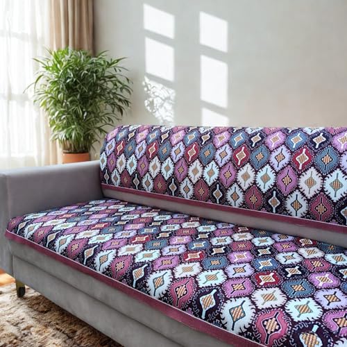 Homerz Premium Sofa Panel with Digital Prints, Antislip Backing, Super Soft Velvety Fabric Sheets Liners Kitchen (Purple Rangoli, 5 (3+1+1) Seater with Back) - Image 1