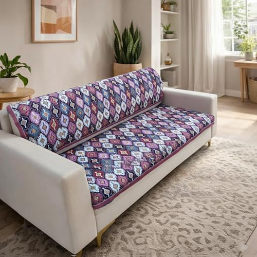 Homerz Premium Sofa Panel with Digital Prints, Antislip Backing, Super Soft Velvety Fabric Sheets Liners Kitchen (Purple Rangoli, 5 (3+1+1) Seater with Back) - Image 4