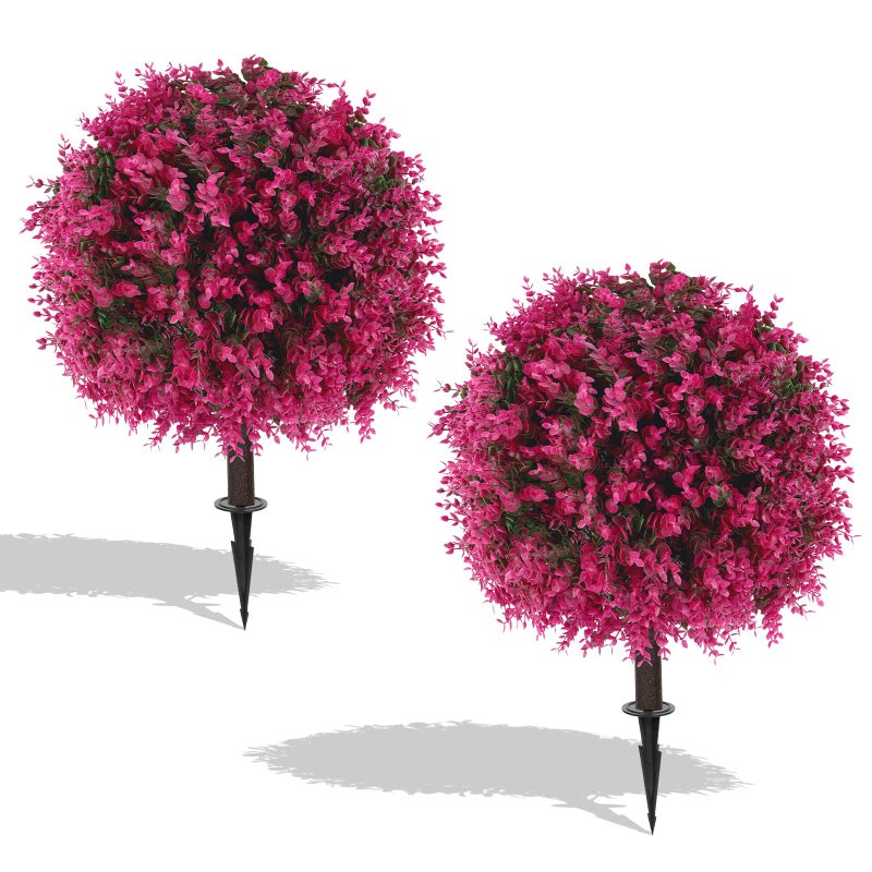 EverNature Artificial Pink Eucalyptus Topiary Ball Trees, 2 Set of 16'' UV Resistant Fake Evergreen Shrubs Bushes Plants with Ground Spike, Fake Plants for Outdoor Indoor Front Porch Garden - Image 1
